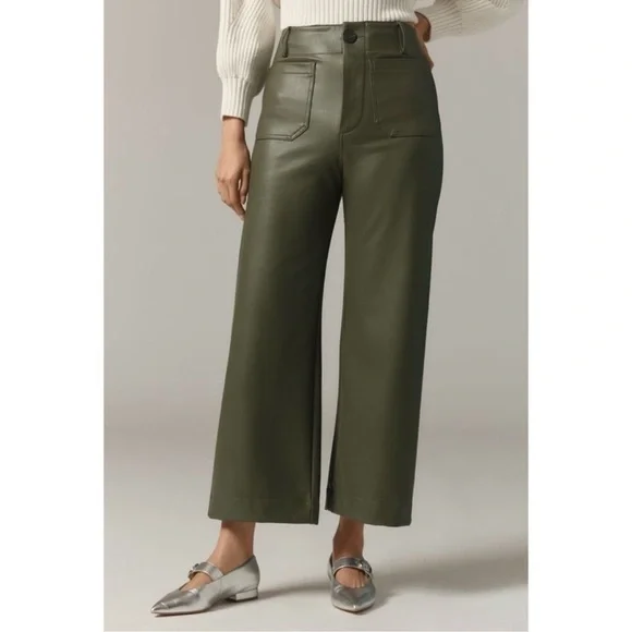 New Anthropologie The Colette Faux Leather Crop Wide-Leg Pants Maeve 28 Green - Picture 9 of 11